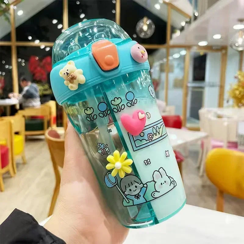 Cute Children Double Drinking Water Bottle Straw Portable Bottle