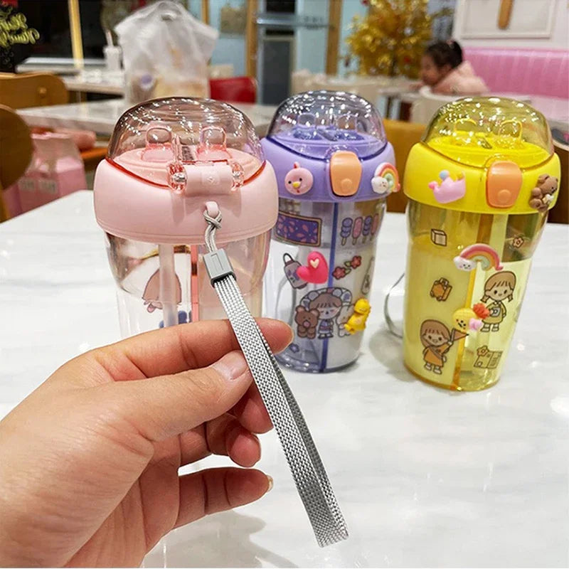 Cute Children Double Drinking Water Bottle Straw Portable Bottle