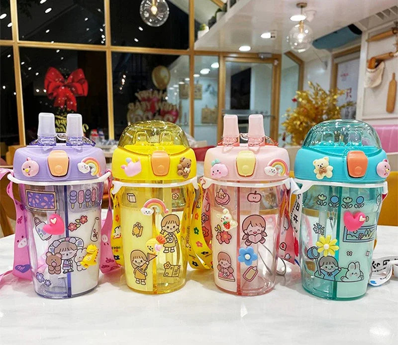 Cute Children Double Drinking Water Bottle Straw Portable Bottle
