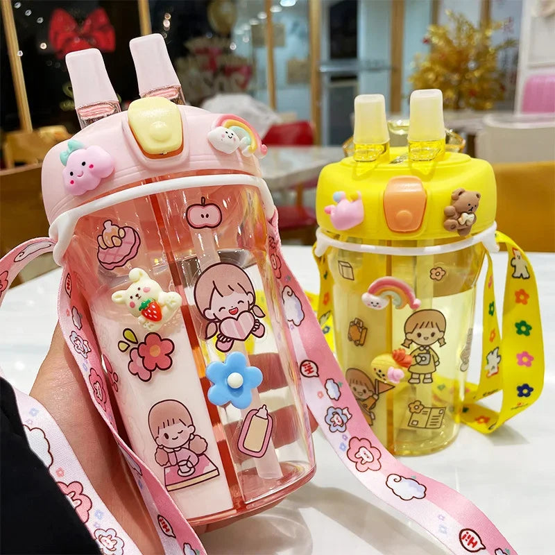 Cute Children Double Drinking Water Bottle Straw Portable Bottle