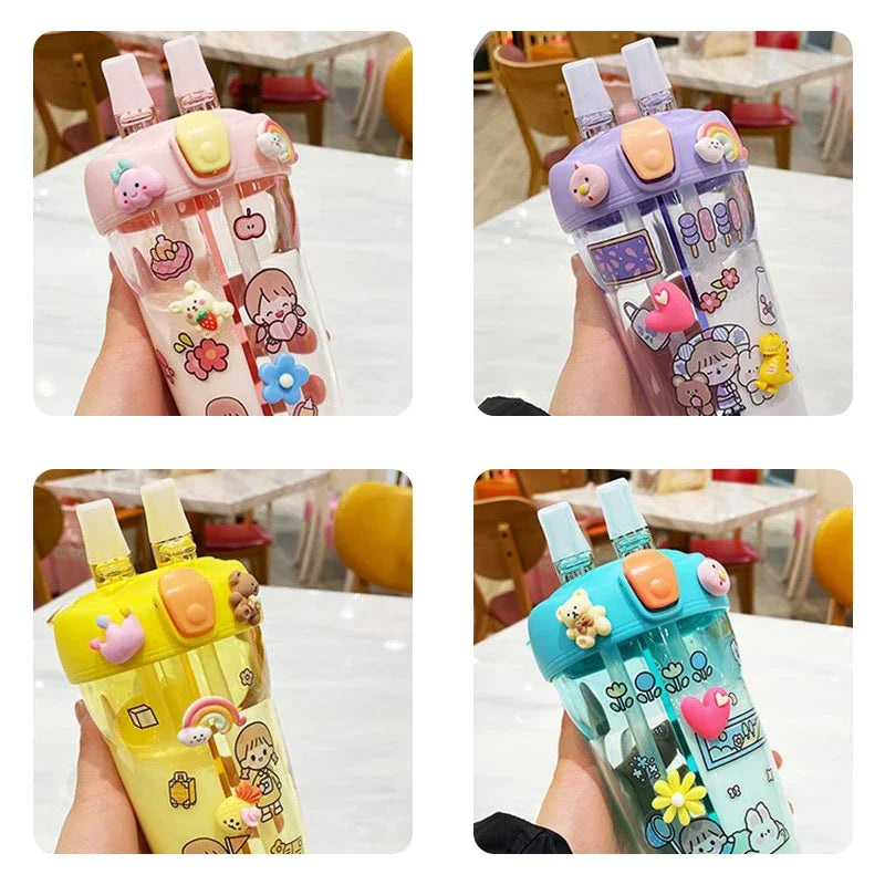 Cute Children Double Drinking Water Bottle Straw Portable Bottle
