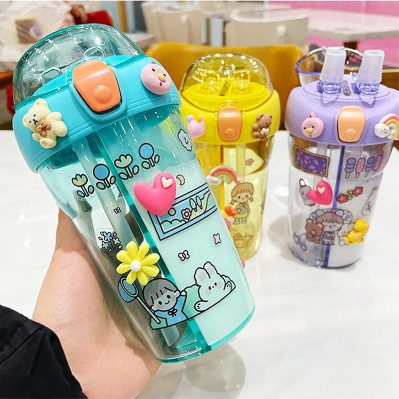 Cute Children Double Drinking Water Bottle Straw Portable Bottle