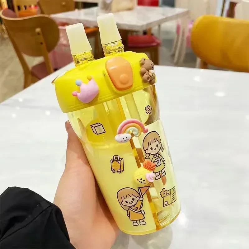 Cute Children Double Drinking Water Bottle Straw Portable Bottle