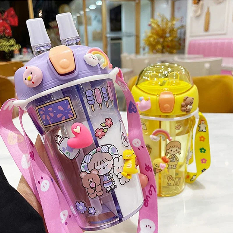 Cute Children Double Drinking Water Bottle Straw Portable Bottle