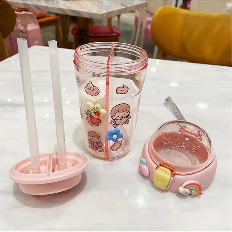 Cute Children Double Drinking Water Bottle Straw Portable Bottle