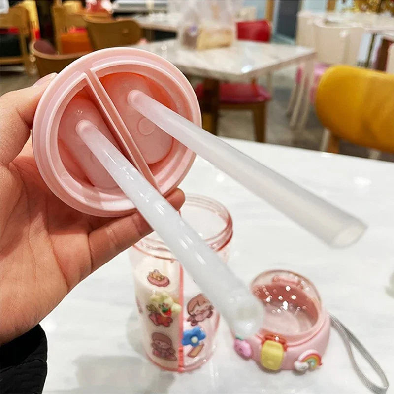 Cute Children Double Drinking Water Bottle Straw Portable Bottle