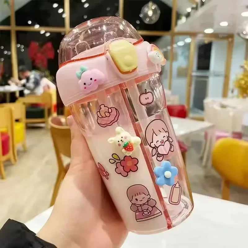 Cute Children Double Drinking Water Bottle Straw Portable Bottle